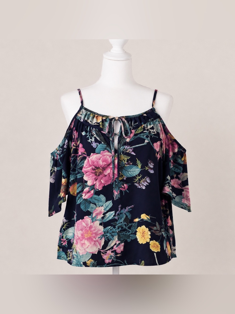 Floral Off Shoulder Cold Shoulder Blouse Navy Pink Boho 2XL
